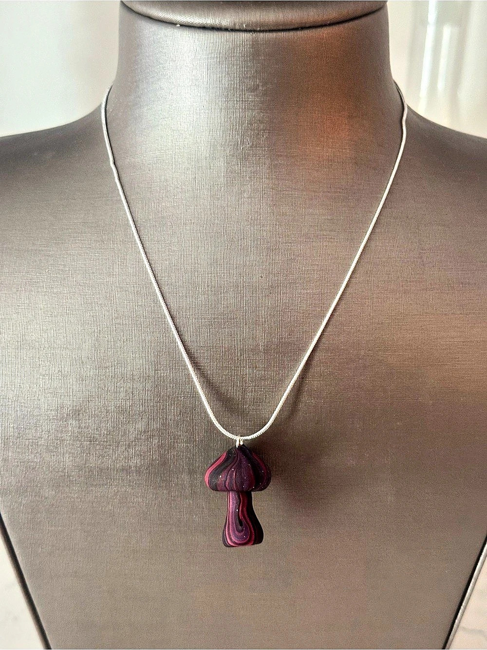 Mushroom Pendant Necklace Purple & Pink with sterling silver chain